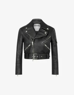 Moschino Coats & Outerwear|Co-ords^Cropped biker jacket in heavy nappa leather